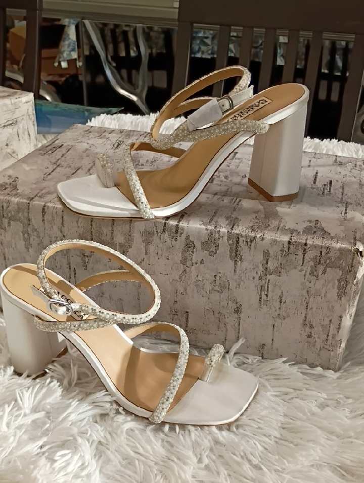 Badgley Mischka Deliiah Satin Block Heel Sandals With Beaded Straps, Toe Strap